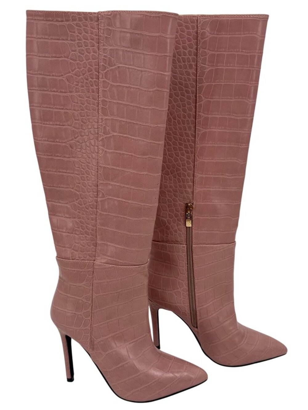 Guess Pink Vegan Croc Pointed Toe Knee High Stiletto Boots | Sexy Baddie Barbie - Picture 2 of 16